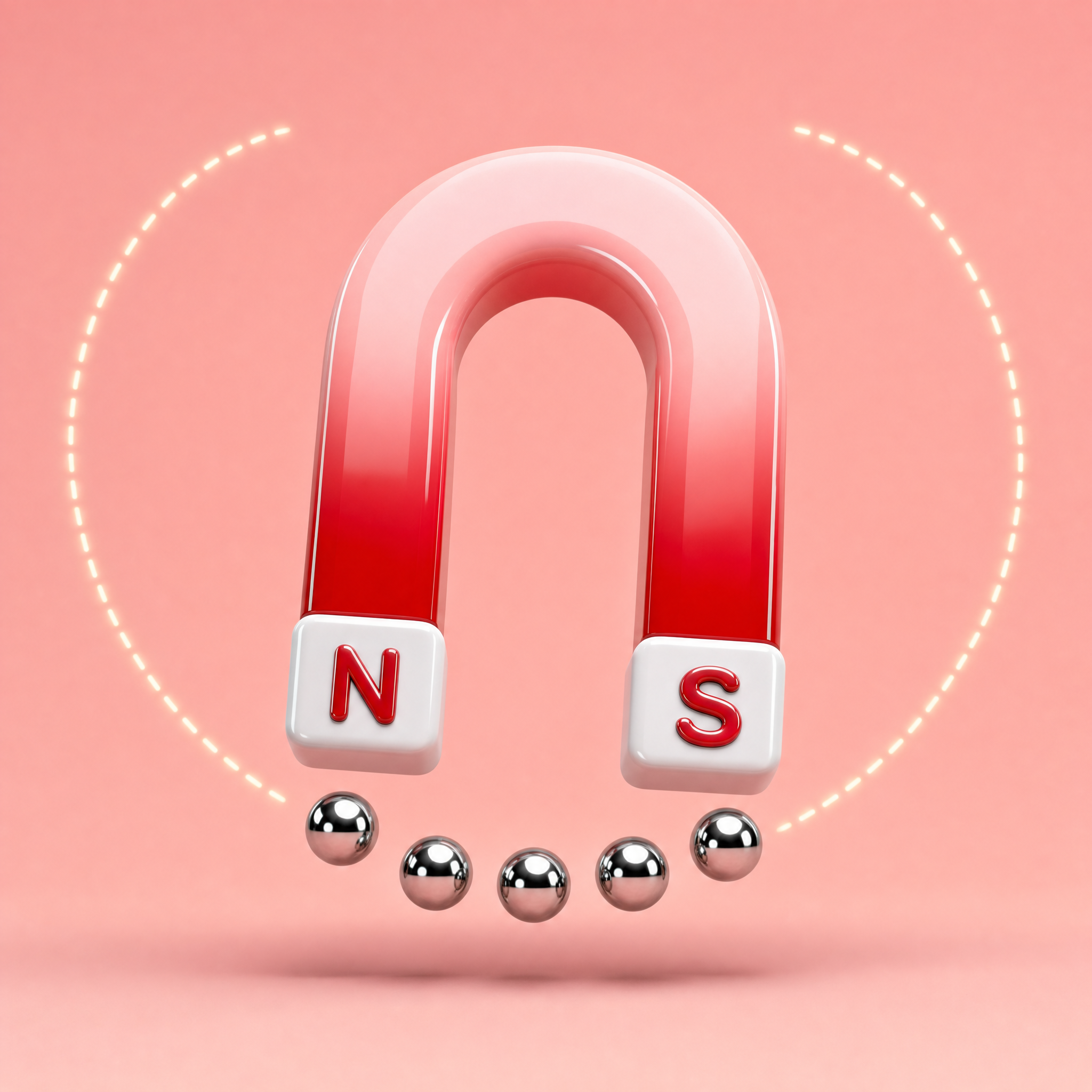 The DRAW logo: a glossy 3D horseshoe magnet with chrome beads drawn to its poles